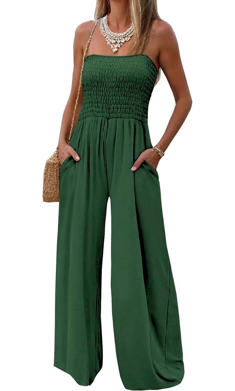 AUXDIO Womens Strapless Smocked Wide Leg Jumpsuit with Pockets